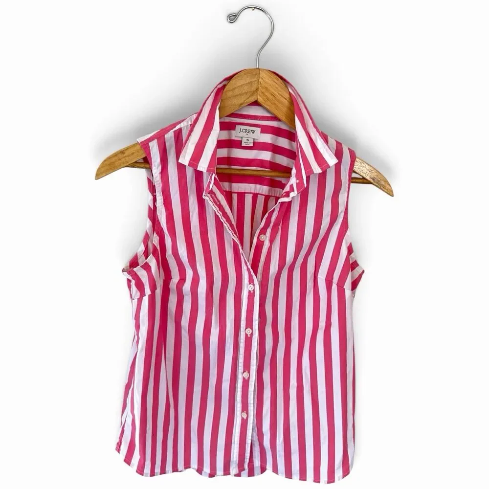 J.Crew Womens Small Pink White Striped Sleeveless Button Up Preppy Coastal Top